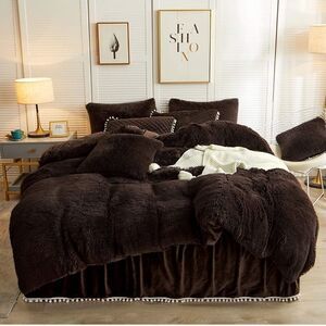 LIFEREVO Luxury Solid Plush Shaggy Duvet Cover Set Zipper Closure (Dark Brown)